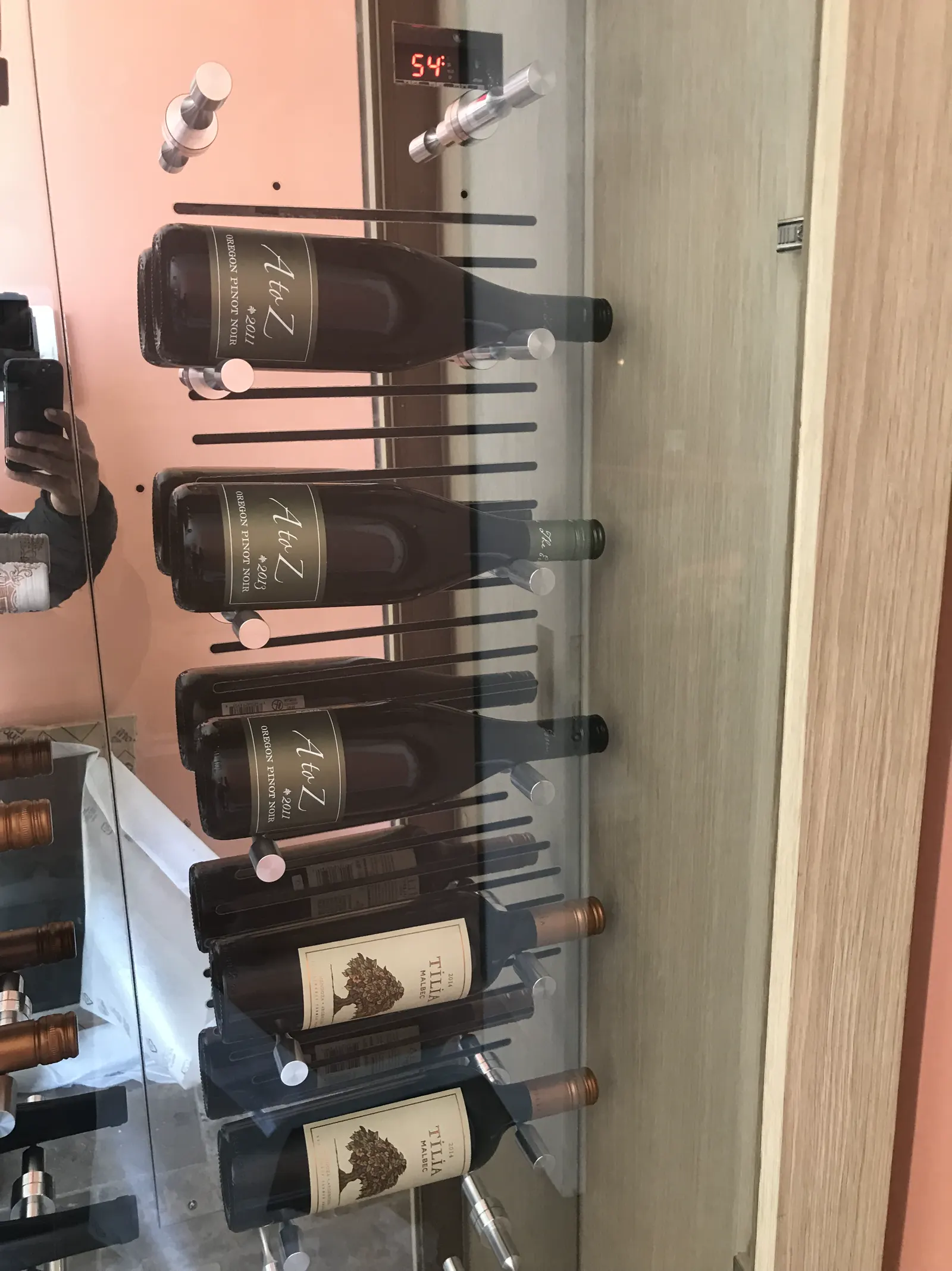 Wine bottles on metal pegs behind a glass door